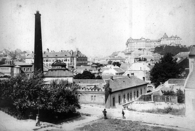 Rác fürdő, mögötte a Fehérsas téri iskola, jobbra a Királyi Palota, a Hegyalja (Szerpentin) út felől nézve.