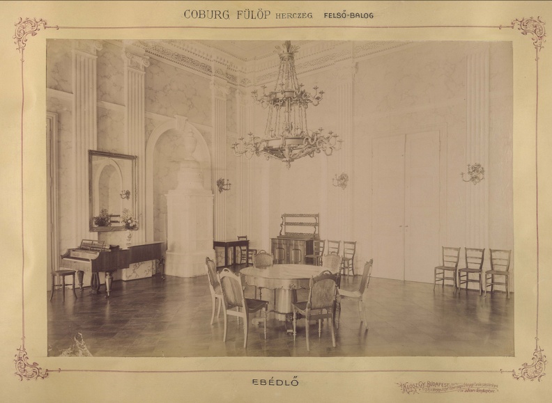Felsőbalog (ekkor önálló, ma a község része), Coburg Fülöp herceg kastélyának ebédlője. A felvétel 1895-1899 között készült." A kép forrását kérjük így adja meg: Fortepan / Budapest Főváros Levéltára. Levéltári jelzet: HU.BFL.XV.19.d.1.12.058